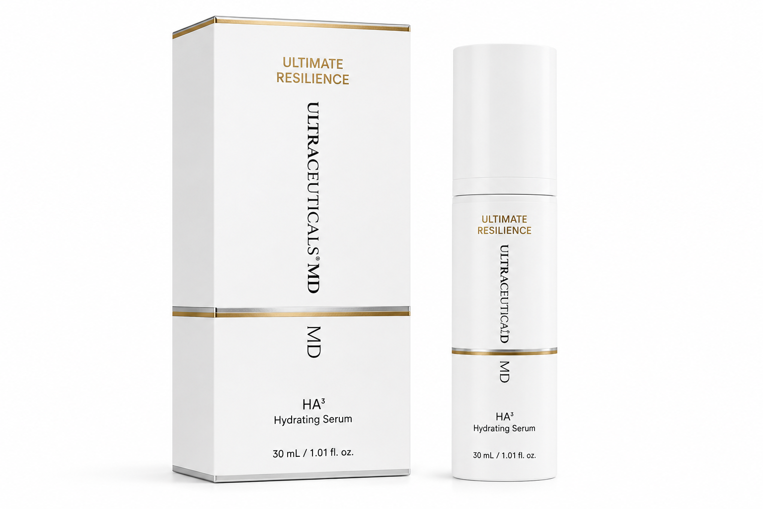 Ultraceuticals MD HA3 Hydrating Serum 30ml with product bottle and retail box on a white background.